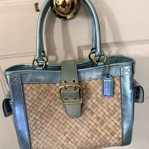 COACH limited edition Y2K Tan and green straw  leather satchel purse